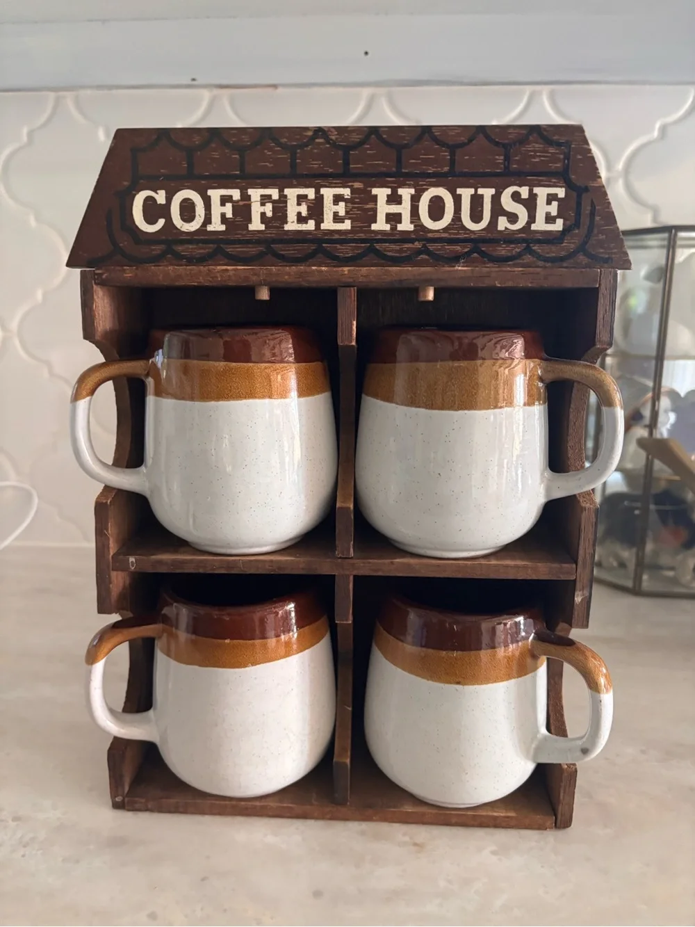Coffee House Ceramic Mug Set with Wooden Rack - Brown & White
